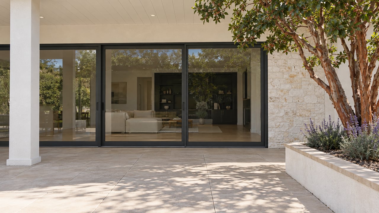 Covered residential courtyard with white plank soffit, closed dark-framed sliders, pale stone veneer and a strawberry tree in a raised masonry planter.