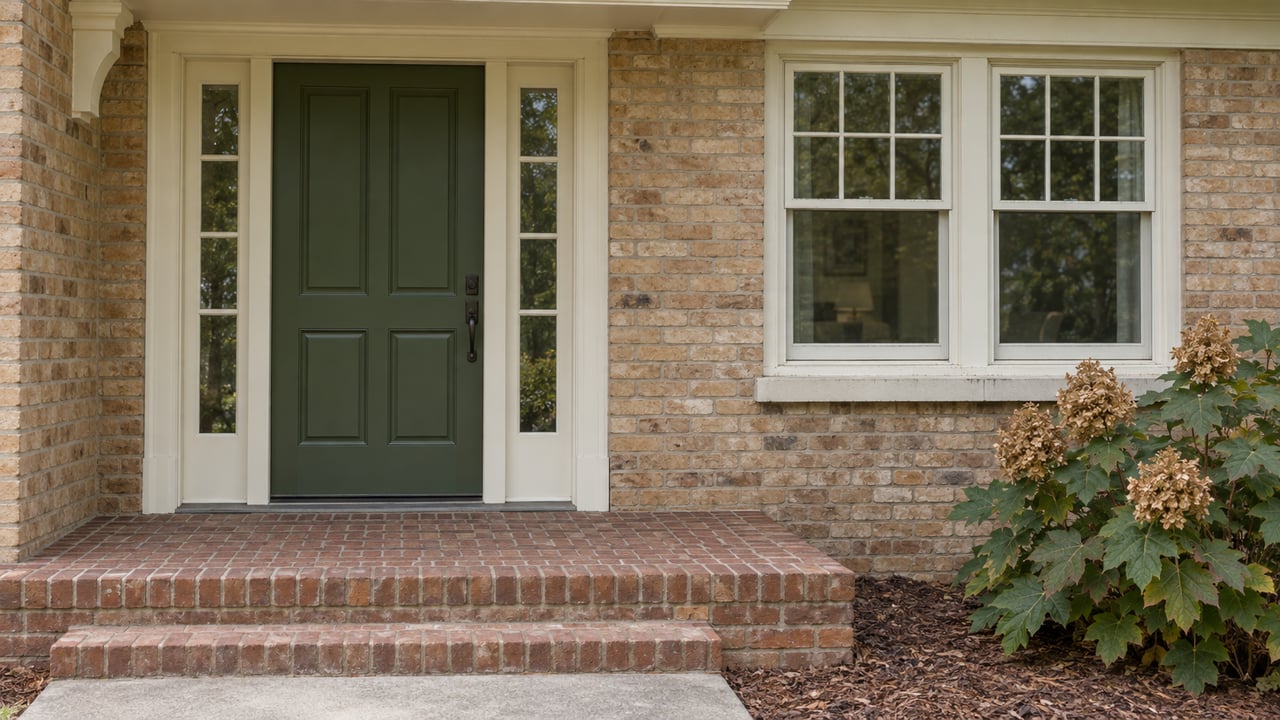 A green front door with glazed sidelights beside a paired window in a buff brick home, above a worn brick stoop and an oakleaf hydrangea bed.