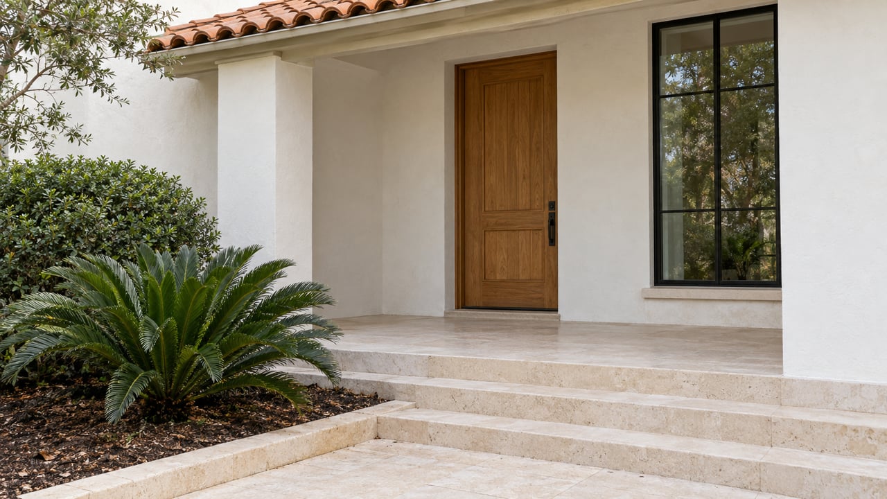 White stucco house entry with an oak door, terracotta-tile eave, limestone steps, and sculptural shrubs.