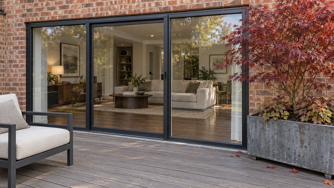 Brick home's rear terrace with black-framed glass doors, composite decking, an outdoor chair and a burgundy-leaved Japanese maple in a zinc planter.