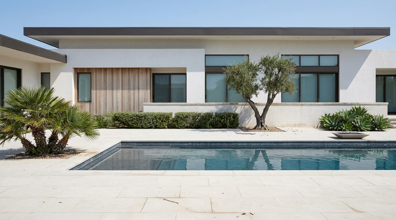 Modern white-stucco home with cedar siding behind a pool terrace, olive tree, and pale stone paving.