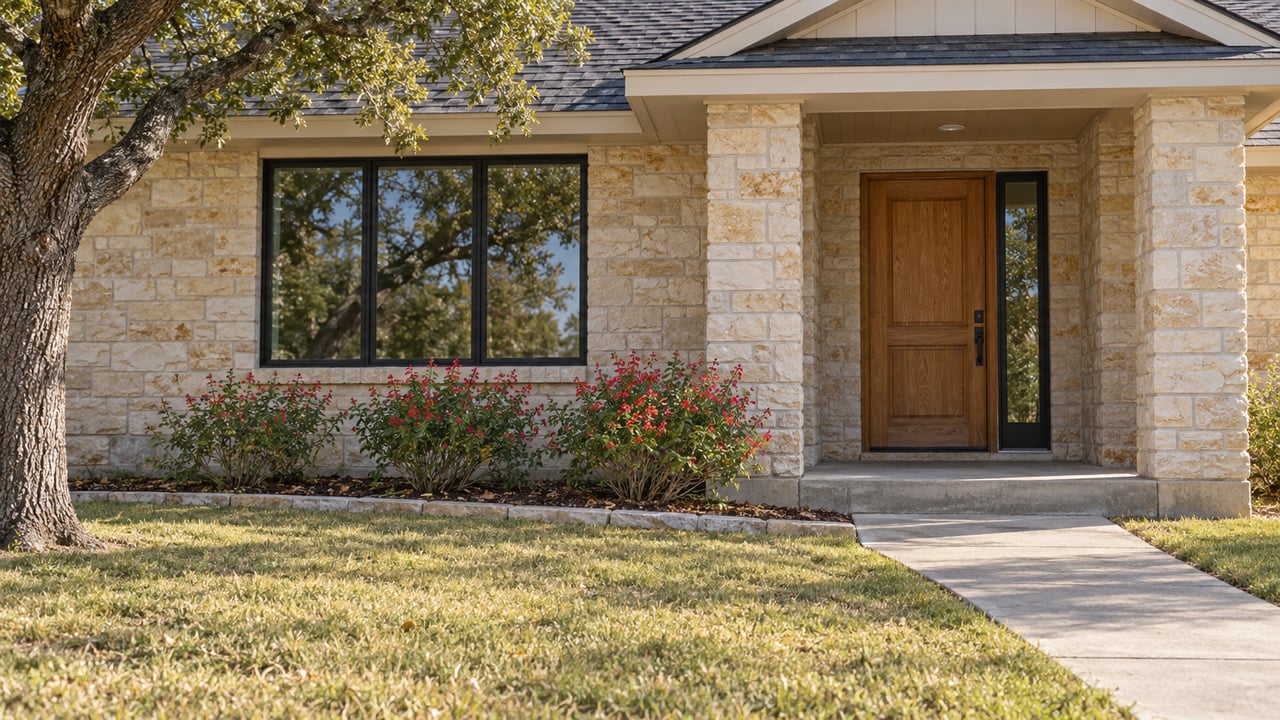 Limestone home with a shaded oak entry door, black-framed window and a deep lawn beneath a spreading live oak.