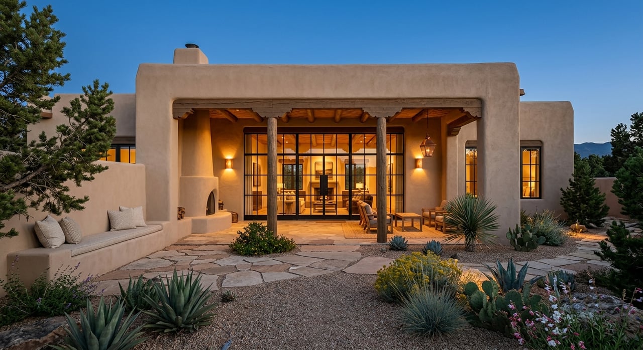 Stucco courtyard porch with black-framed glass doors, brick and flagstone paving, and desert plants at blue hour.
