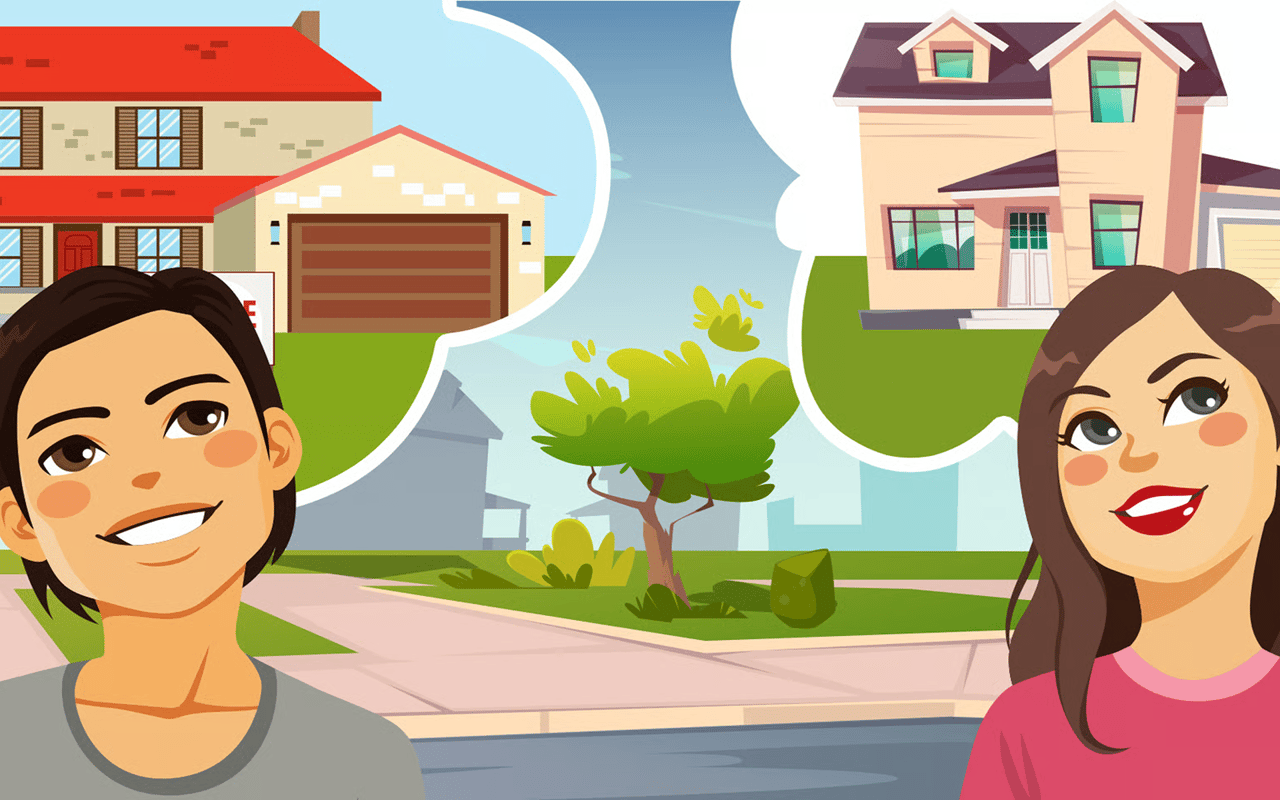 Illustration of two women considering different homes together.