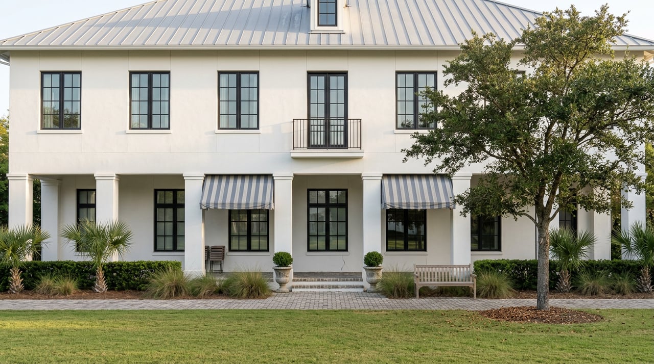 White stucco building with covered arcade, striped awnings, balcony, lawn, brick path, and live oak.