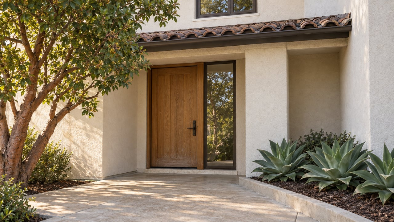 Warm stucco home entry with an oak door, bronze-framed glass, clay roof tiles and sculptural planting beside a concrete approach.