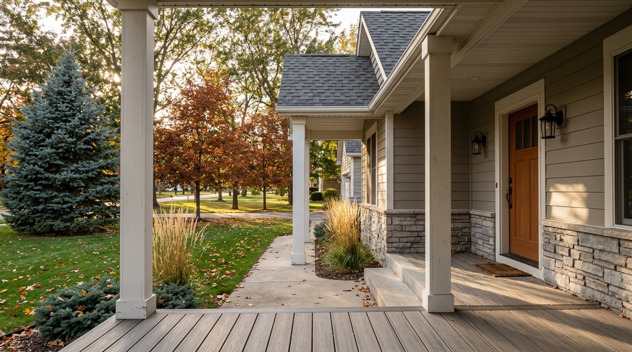 Front porch with stone accents and fallen leaves, dappled light, orange-red trees lining the walk.