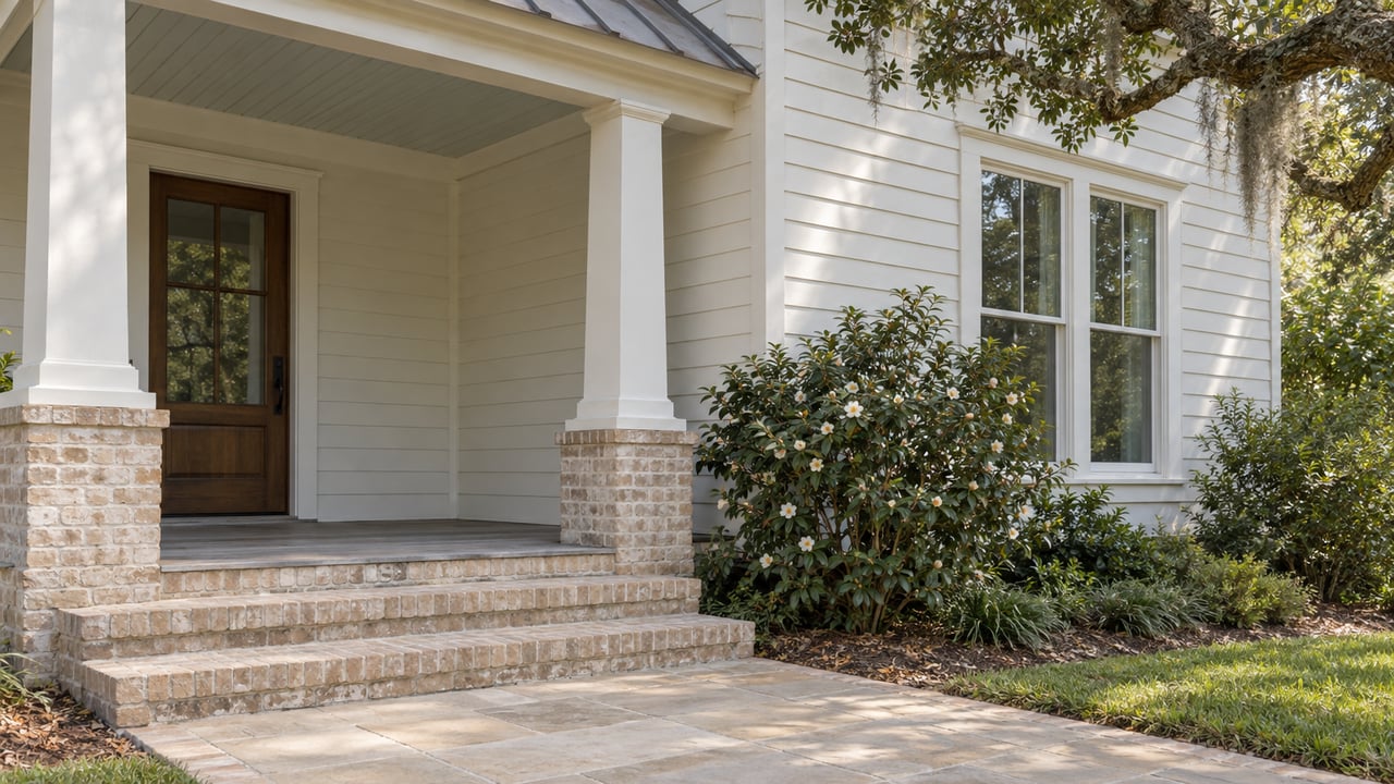 Painted coastal-style home with a shaded timber porch, pale brick steps, and a mature oak limb framing the window.