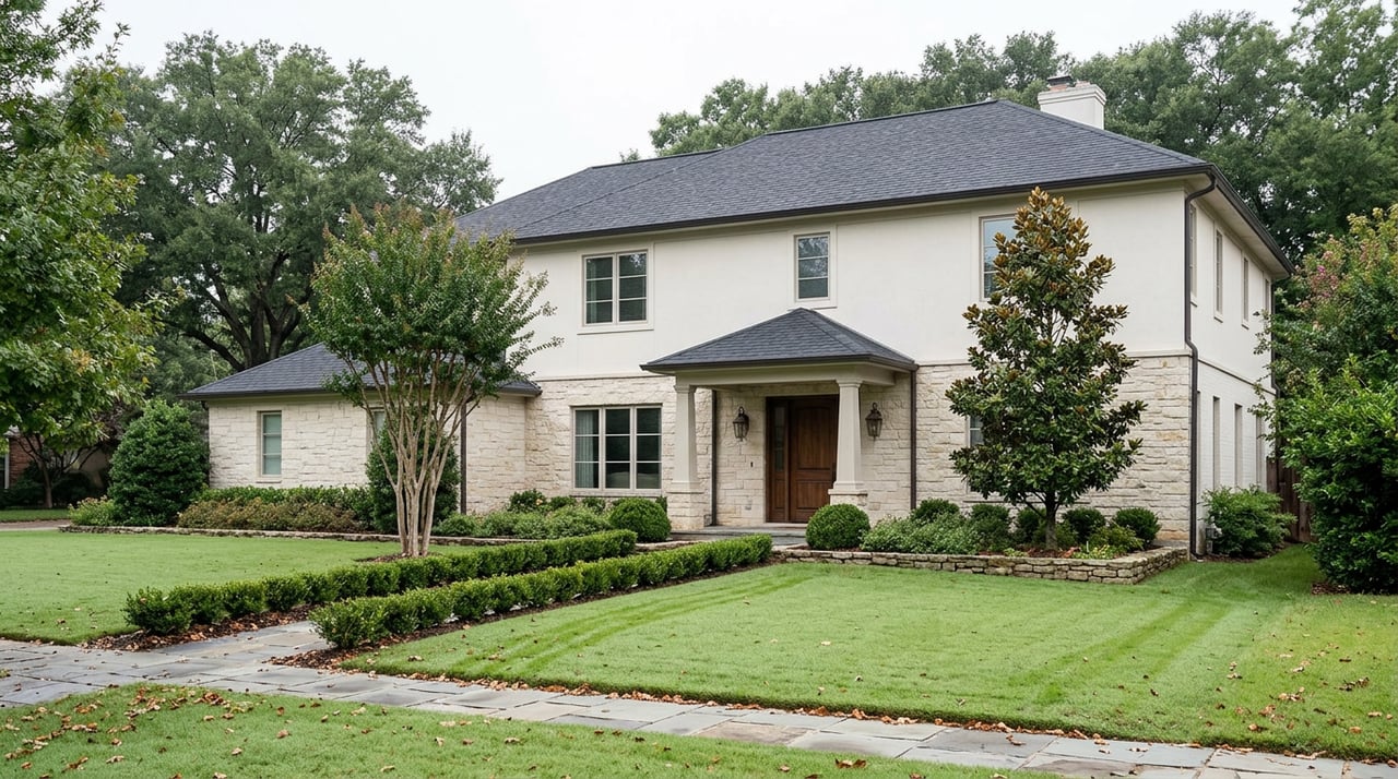 Two-story house with a limestone lower facade, white stucco upper story, and a columned entry.