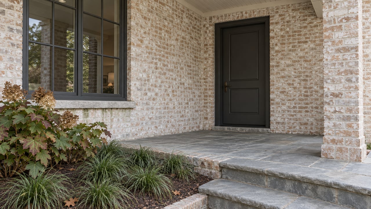 Pale limewashed brick entrance with a charcoal door, divided-light window, weathered stone steps and oakleaf hydrangea.