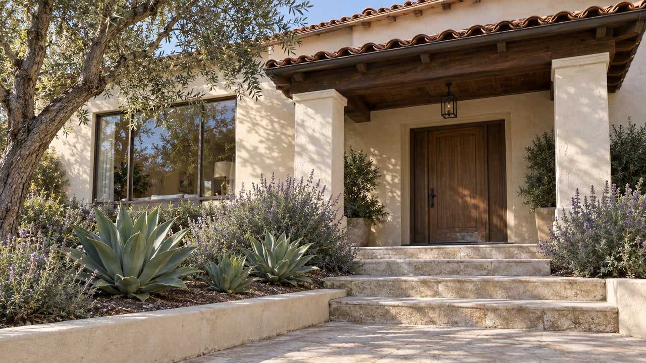 Sunlit stucco home with a clay-tile roof, covered oak entry, stone garden steps, an olive tree and sculptural agaves.