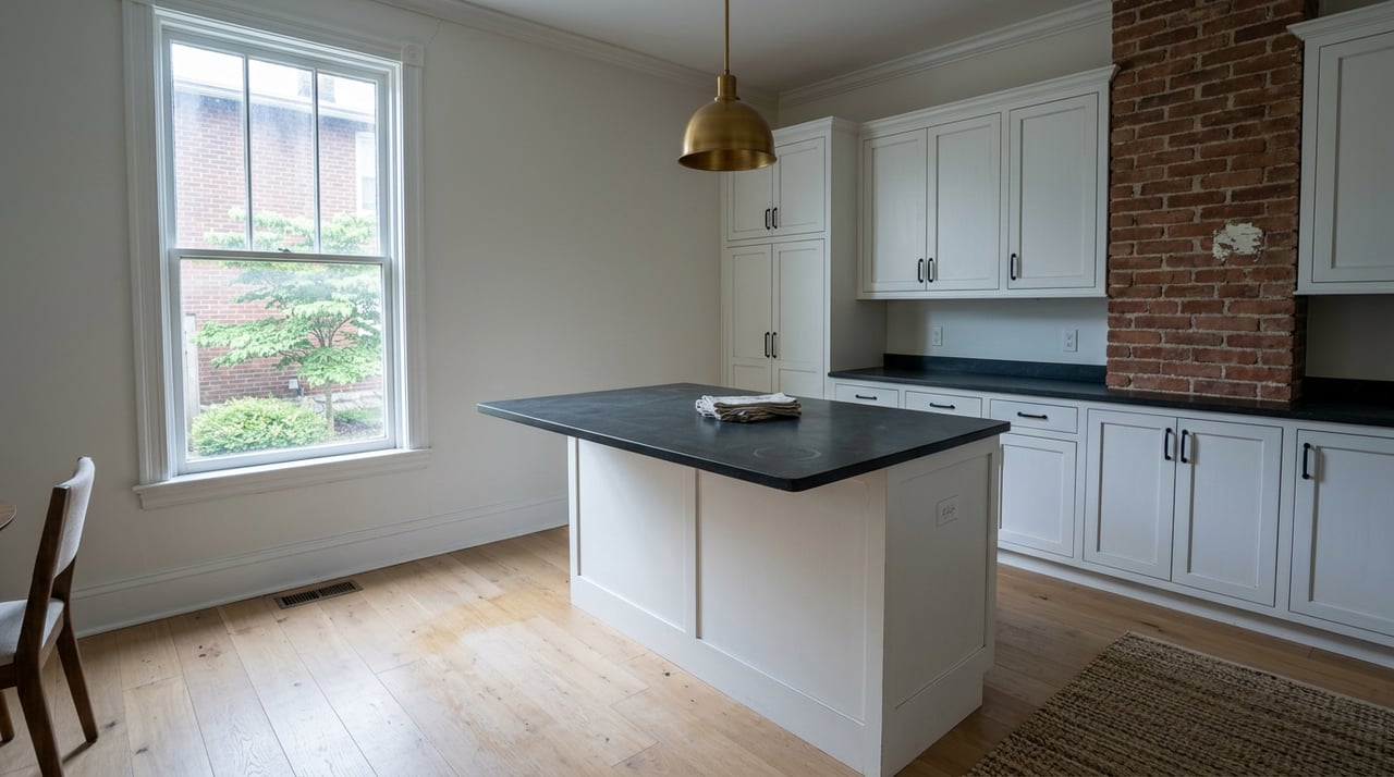White kitchen island with a soapstone top beneath a brass pendant, beside a red-brown brick wall and tall window.