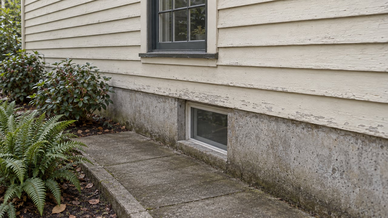 Weathered ivory-sided house with aligned upper and basement windows beside a narrow concrete walkway and ferns.
