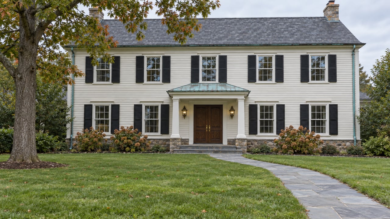 Clapboard house with paired black shutters, a stone entry path and a broad autumn lawn under soft cloudy daylight.