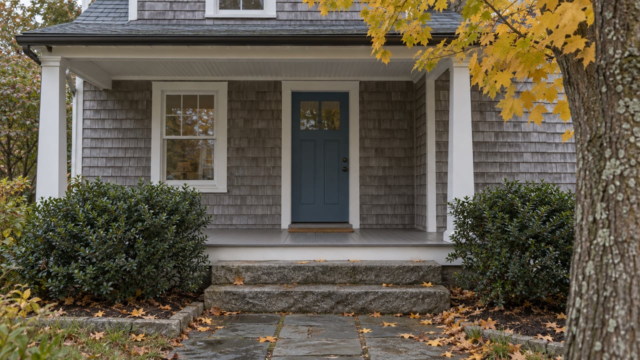 Gray-shingled home with a muted-blue front door, granite steps, bluestone walk, and yellow maple leaves.