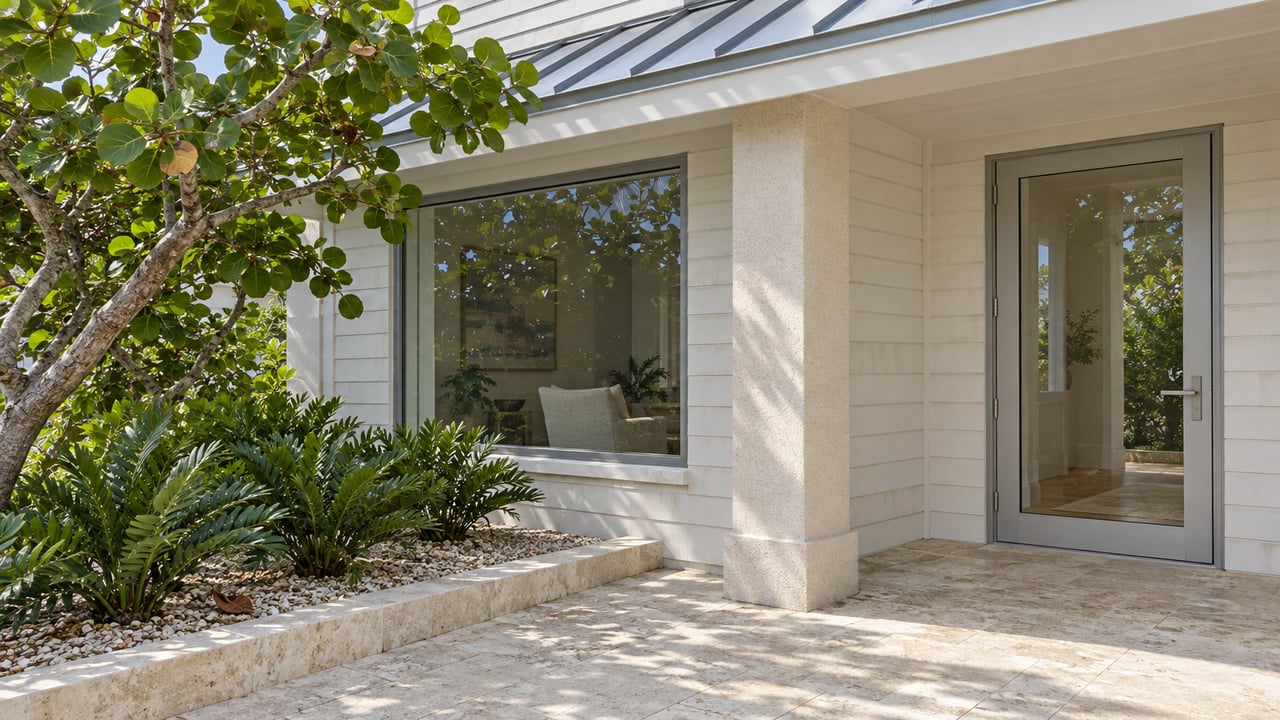Light-sided coastal home with a metal entry canopy, glazed front door, shell limestone terrace and sculptural sea-grape tree.
