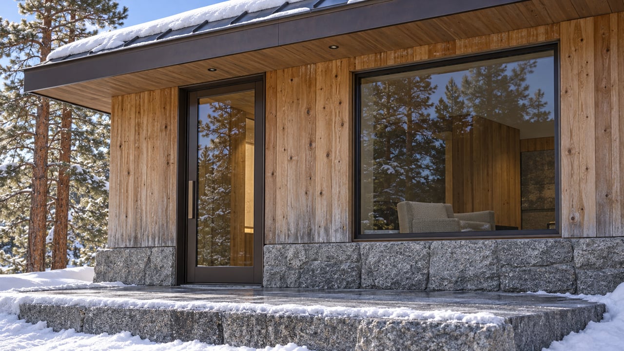 Winter sunlight on a cedar-clad home's glazed entry, rough granite base and snow-edged stone landing beneath a deep roof overhang.