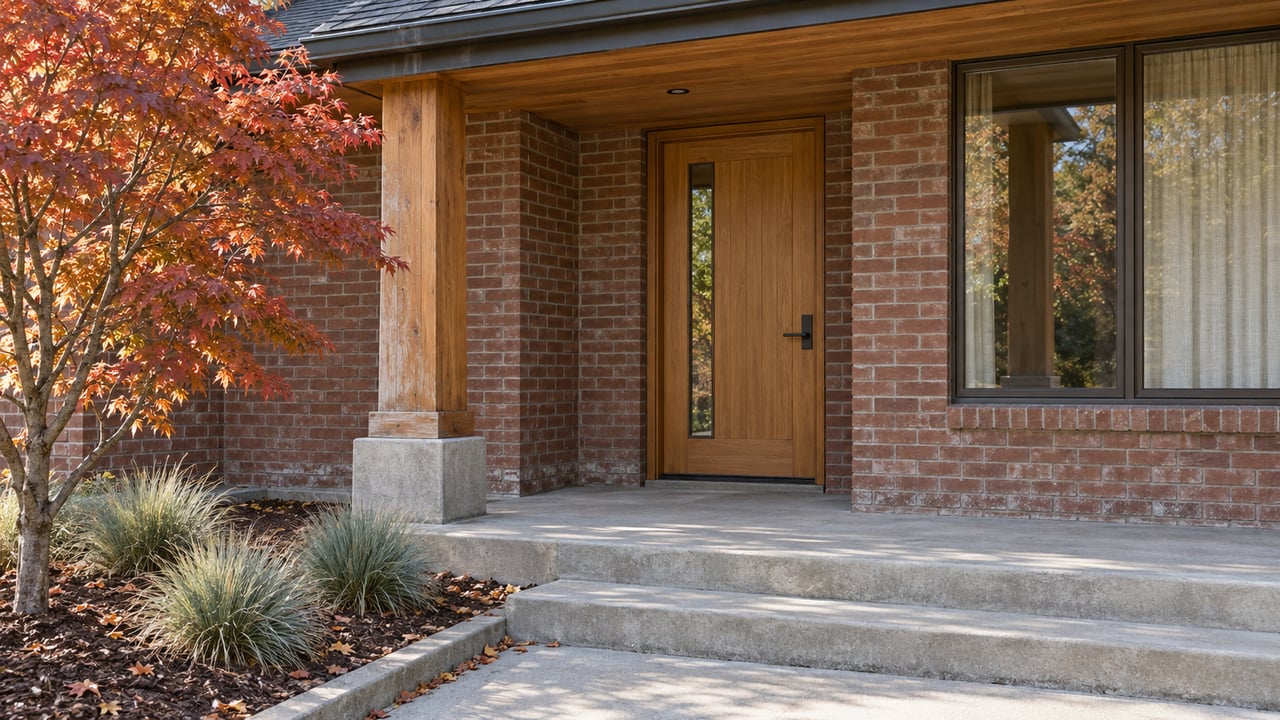Sunlit brick home entry with a timber porch post, oak front door, concrete steps, and a copper-red maple beside the approach.