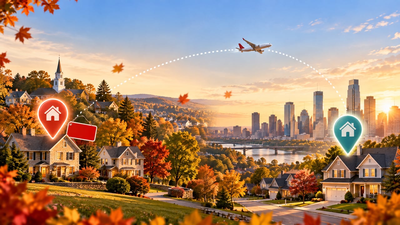 Autumn neighborhoods and a city skyline connected by a plane route, with home-location pins above houses.