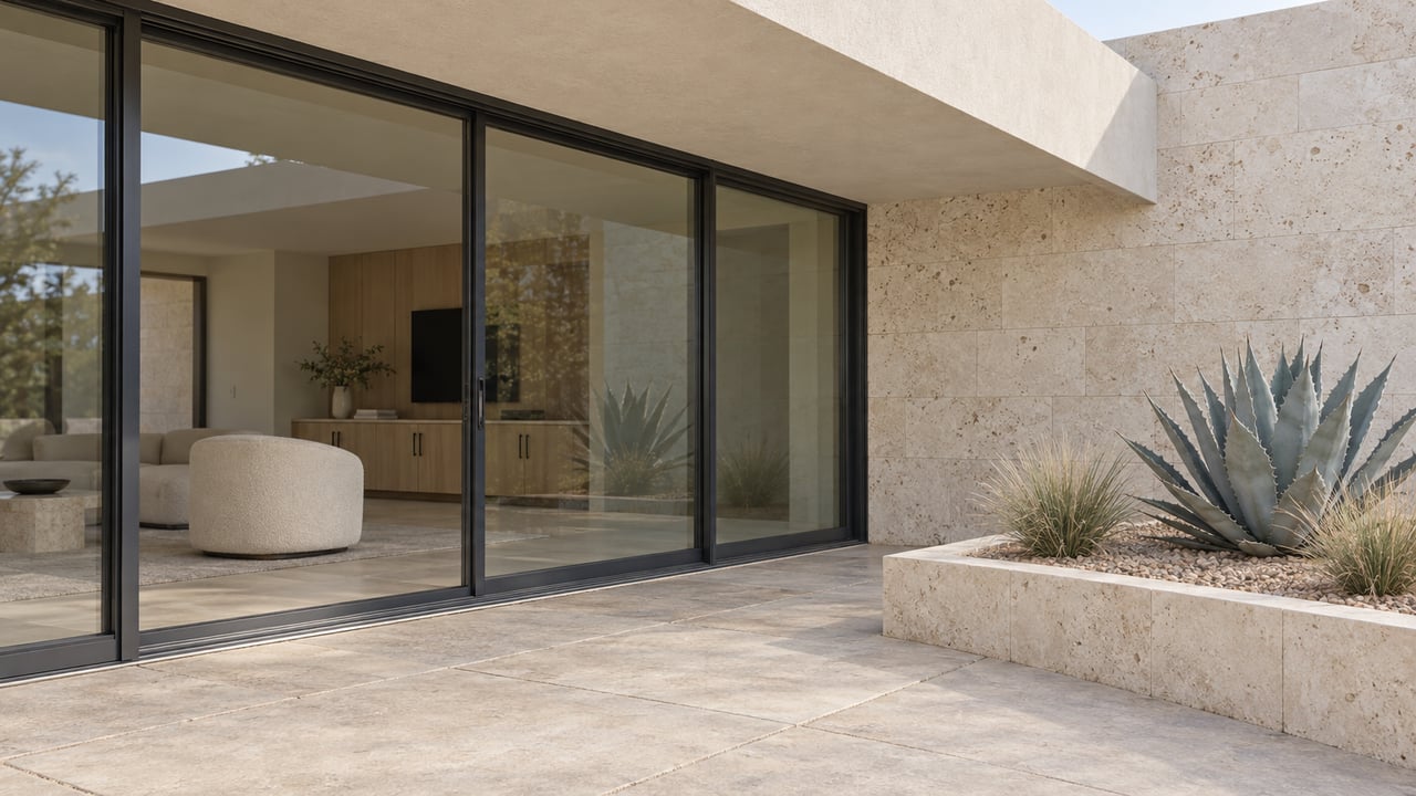 Covered patio with pale stone walls, dark sliding glass doors, sand-colored paving and a raised bed of blue-gray agave.