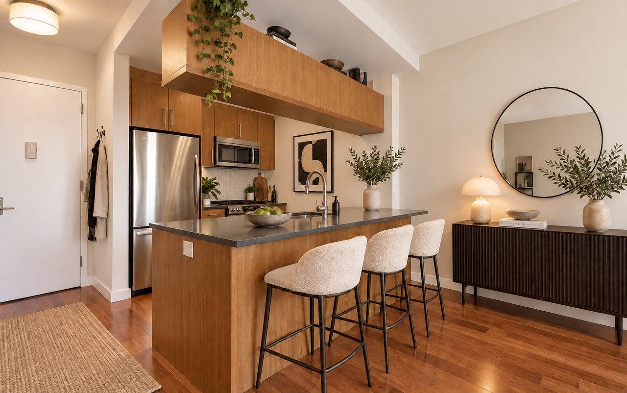 Kitchen with warm wood cabinetry, a large island, and three upholstered bar stools.