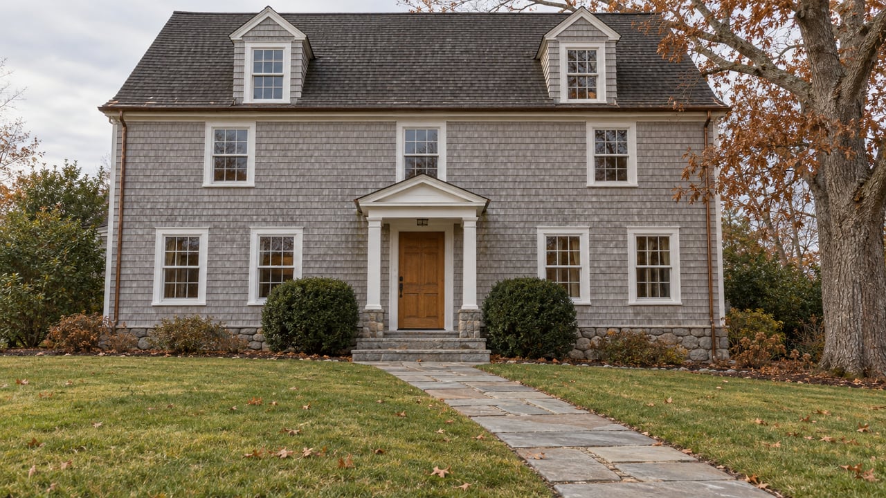 Silver cedar-shingle home with white sash windows, a stone entry walk, and a mature oak beside a broad autumn lawn.
