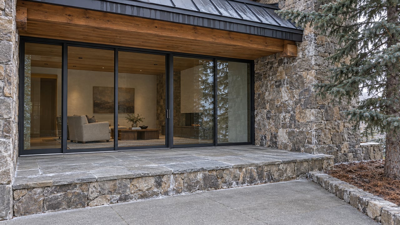 Stone and timber condominium terrace with closed dark-framed glazing, frost in the paving joints, and spruce branches at the edge.