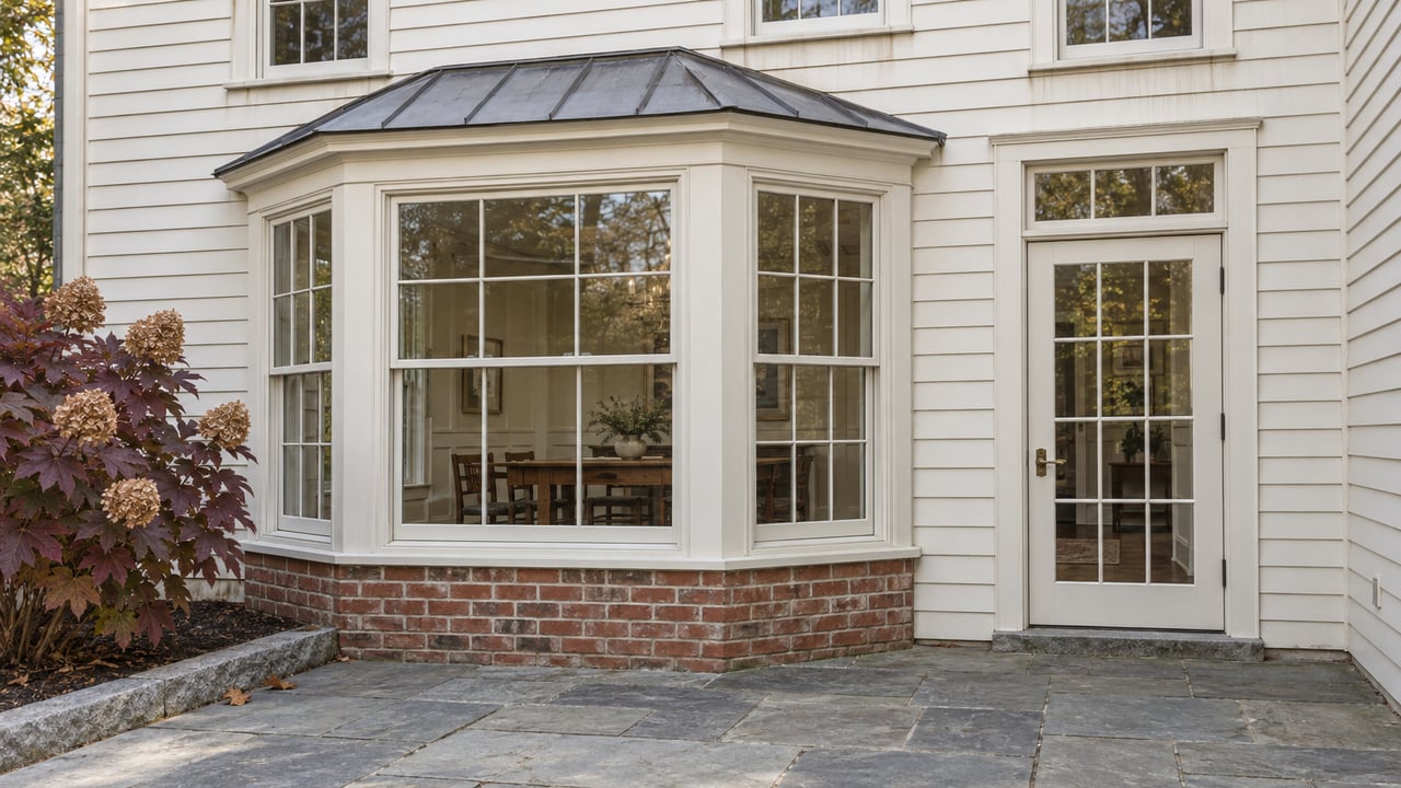 White clapboard home with a glazed dining bay, closed patio door and weathered bluestone terrace beside autumn oakleaf hydrangea.