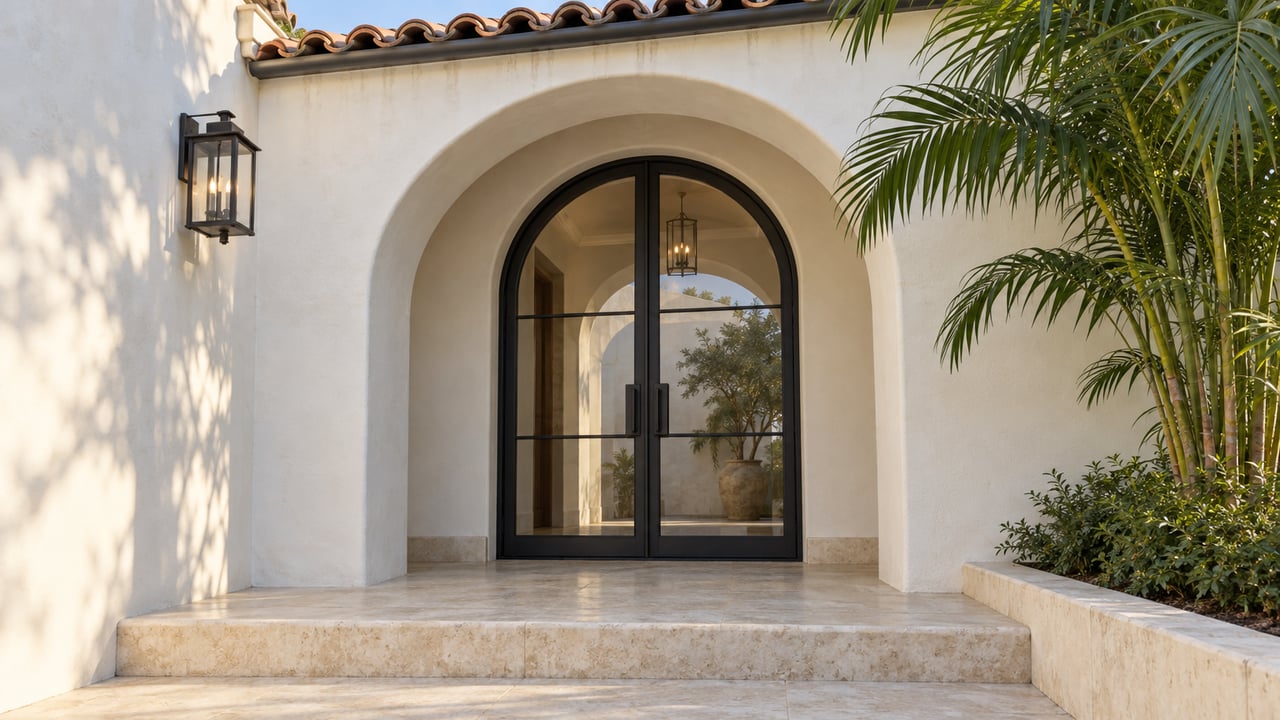 White stucco arched entrance with black-framed glazed doors, terracotta roof tiles, limestone steps and a single palm.