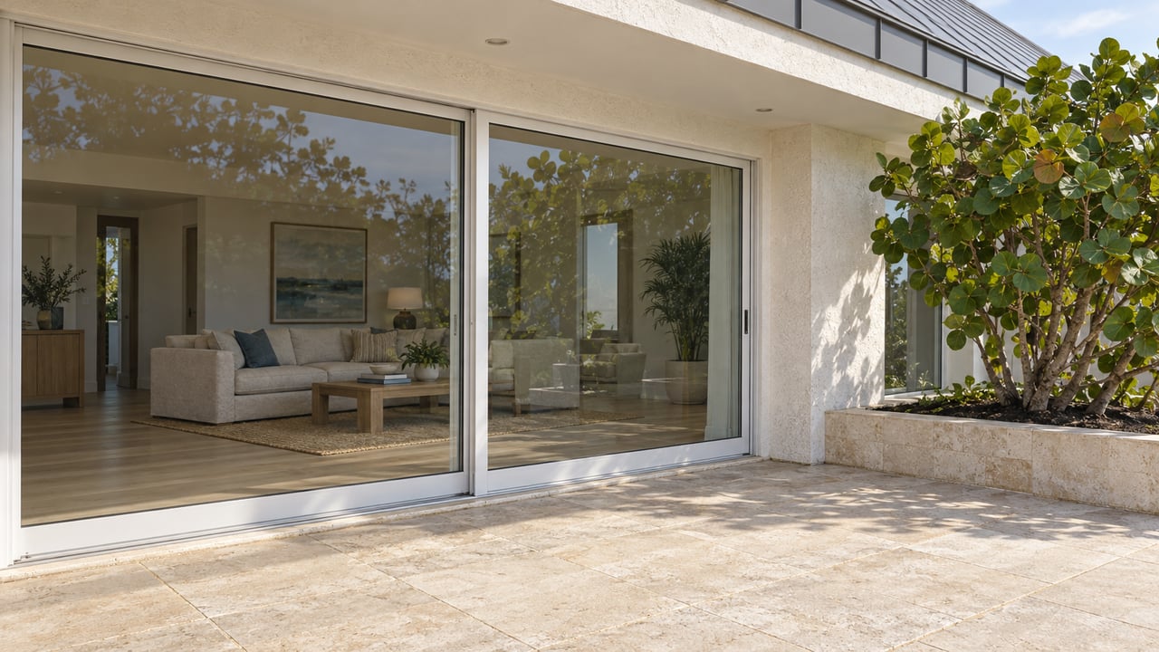 Sunlit pale-stone terrace beside a white stucco home, with closed glass doors and a sculptural sea-grape tree in a raised limestone bed.
