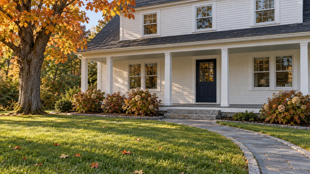 An ivory clapboard home with divided-light windows and a covered porch beyond a broad autumn lawn, beside a golden sugar maple.
