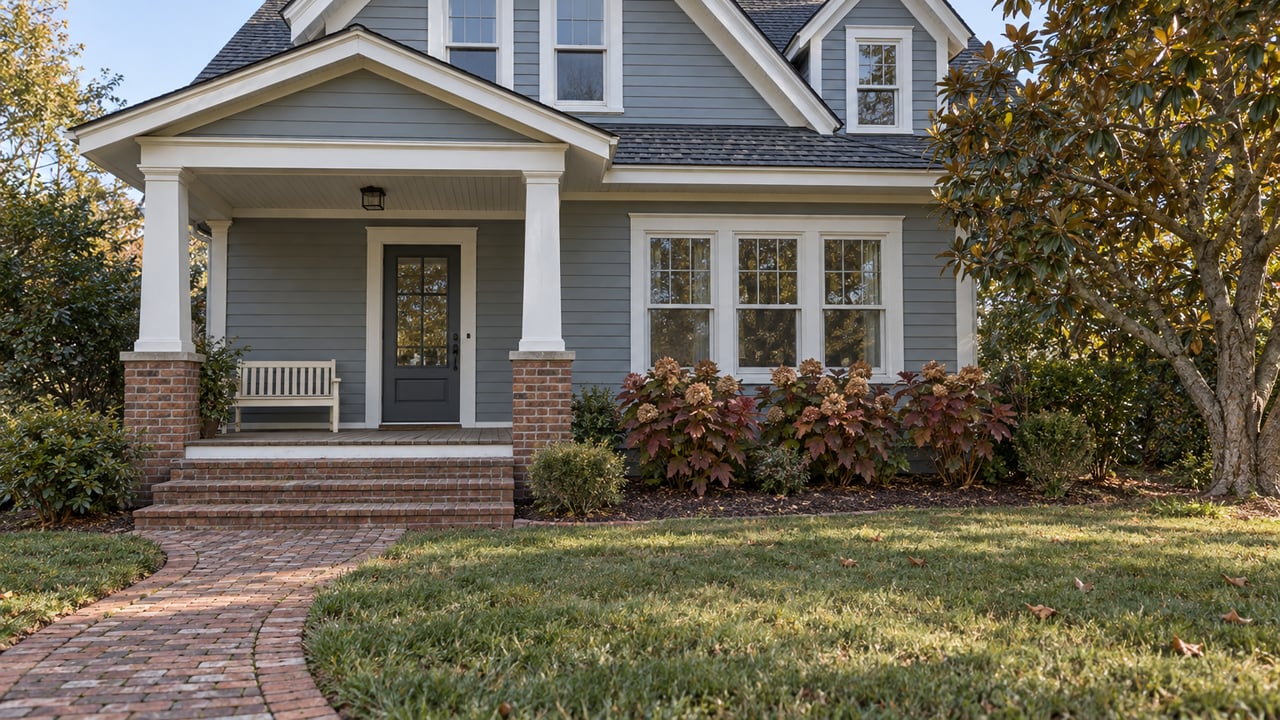 Blue-gray clapboard home with white-trimmed windows, a sheltered porch, brick approach and autumn planting.