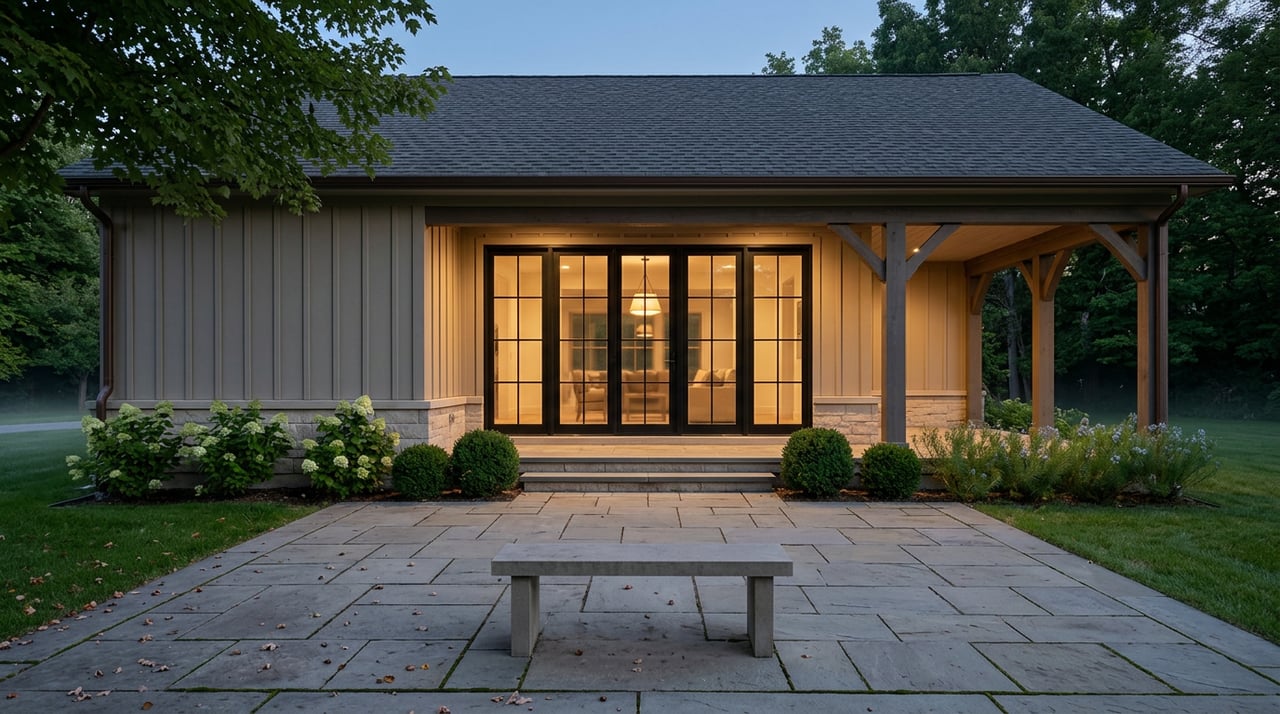 Bluestone terrace facing a greige-sided home, with warm light glowing through black-framed glass doors at dusk.