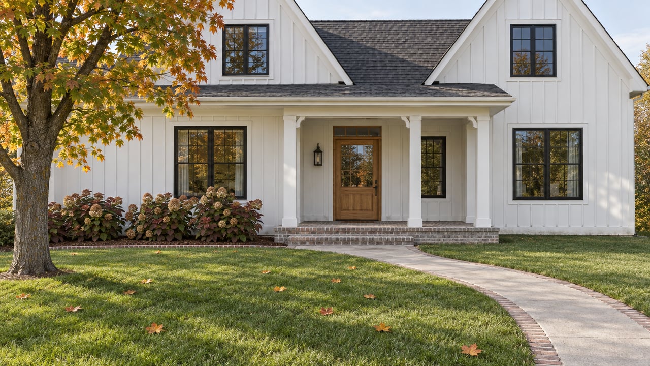 White gabled home beyond a deep autumn lawn, with an amber maple, a curving concrete walk, and a recessed brick porch.