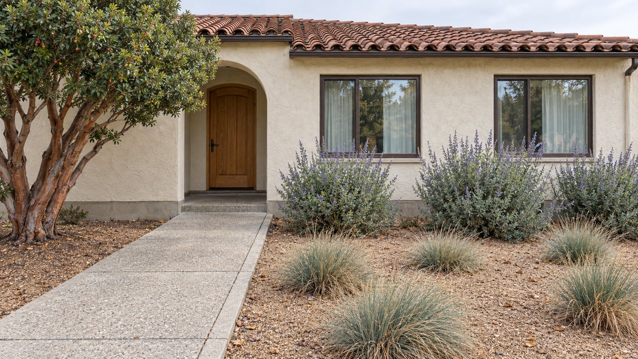 Ivory stucco home with a clay-tile roof, recessed arched doorway and drought-adapted front garden beside an aggregate concrete walk.