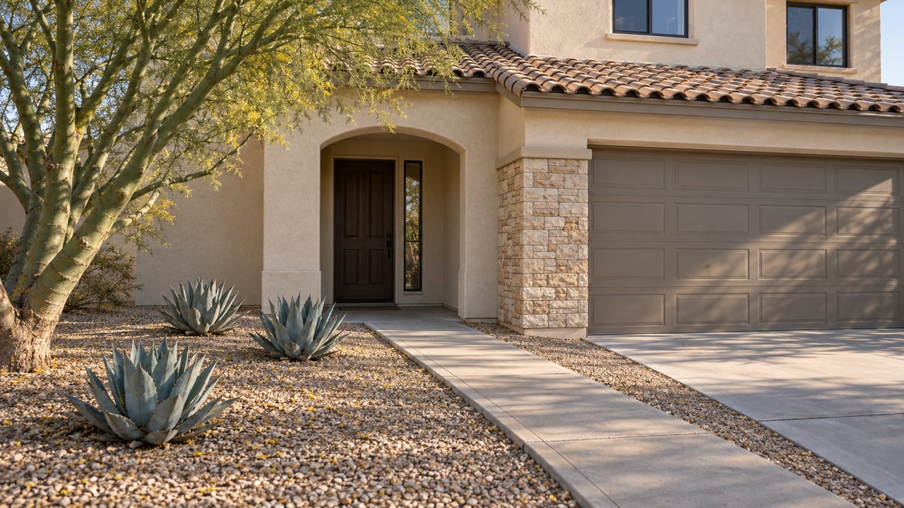 Light stucco home with tan tile eaves, an arched shaded entry, limestone pier and taupe garage beside a gravel garden with a branching green-trunk tree and three agaves.