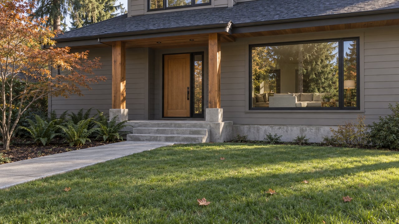 Warm gray lap-sided home with a timber-covered porch, black-framed window, deep autumn lawn and copper-leaved maple.