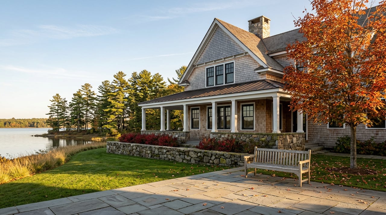Shingle-style lake house beyond a bluestone terrace, with an orange-red maple, lawn, and still water.