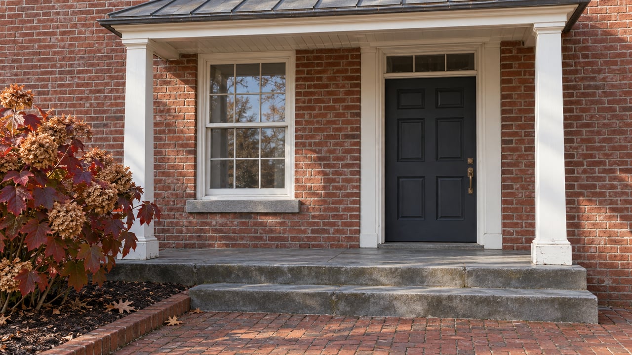 Covered brick-home entry with a charcoal paneled door, white sash window, worn stone steps and copper-red oakleaf hydrangea.