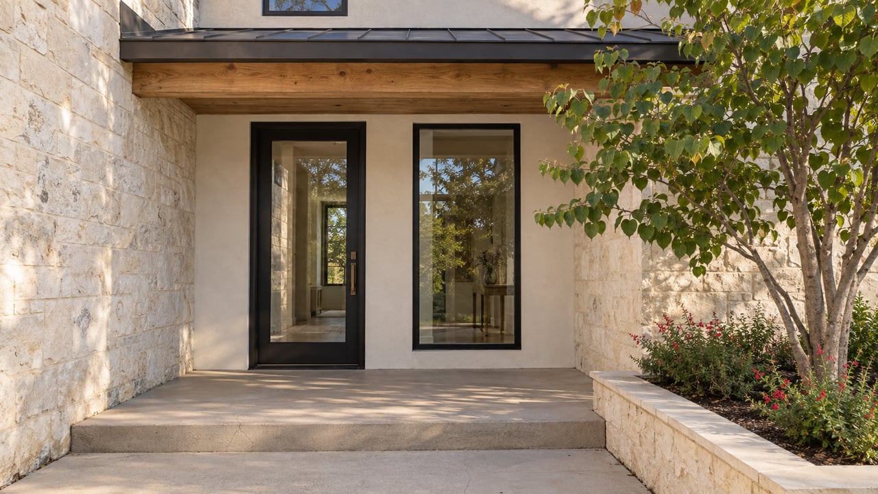 Limestone and ivory stucco residential entrance with a timber porch roof, black-framed glass door, and a Texas redbud beside the concrete approach.