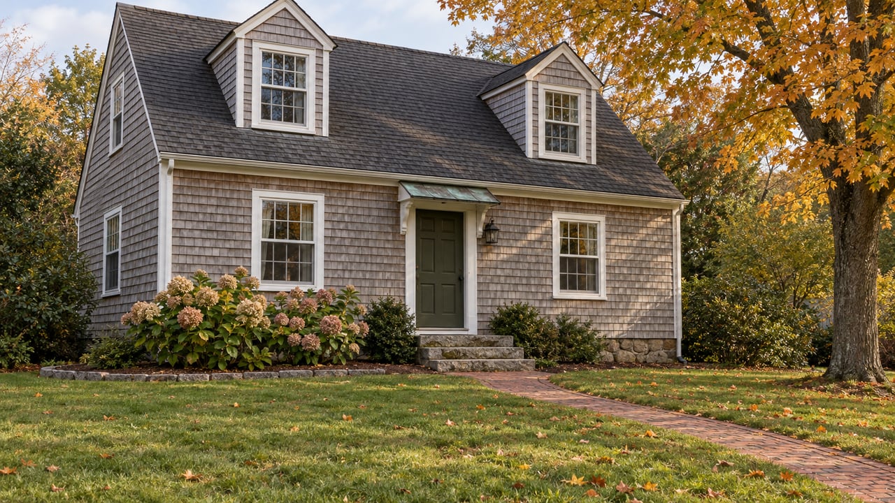 Cedar-shingled Cape-form home with white divided-light windows, granite steps, a brick approach and an autumn maple beside a broad lawn.