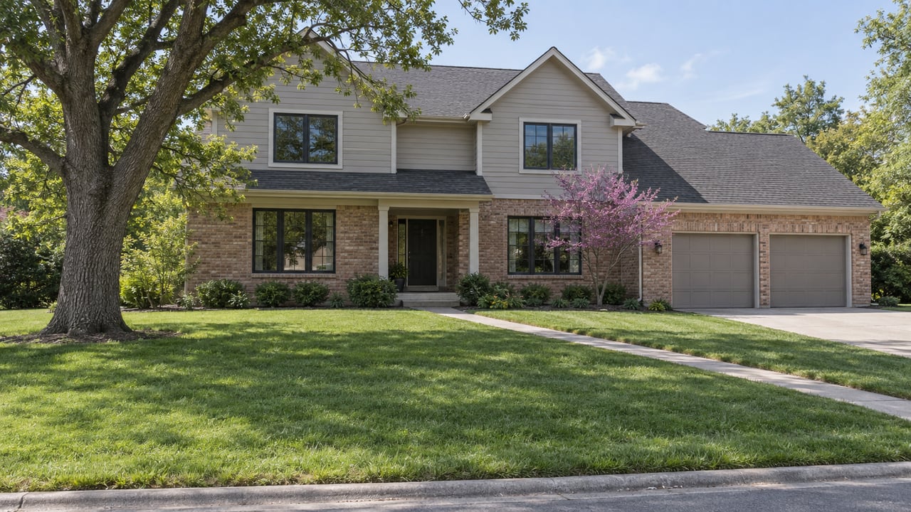 Two-story brick-and-siding home set behind a deep lawn, with a diagonal walkway, two-car garage, and mature oak.
