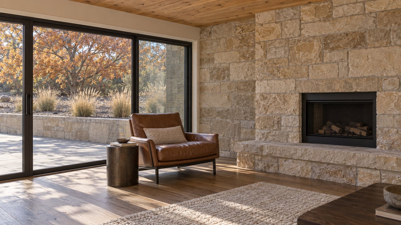Timber-ceiling living room with a sandstone fireplace, leather chair and closed glass doors overlooking an autumn oak and stone-edged terrace.