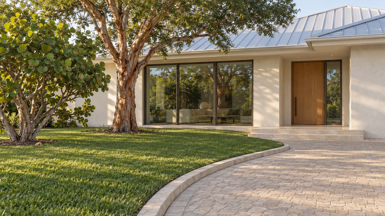 Ivory stucco home with a pale metal roof, bronze-framed glazing and a curved paver approach bordered by lawn and sculptural tropical trees.