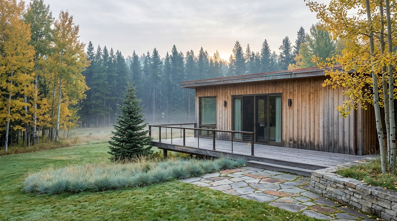 Timber-and-glass mountain home beyond a stone patio, framed by golden aspens and misty pines.