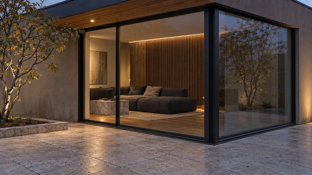 Twilight on a limestone terrace beside black-framed glazing, revealing a warm living room with walnut slats and charcoal seating.