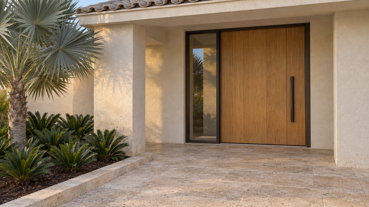 Cream stucco home entry with a honey-colored oak door, bronze-framed sidelight, shell limestone paving and a silver palm.