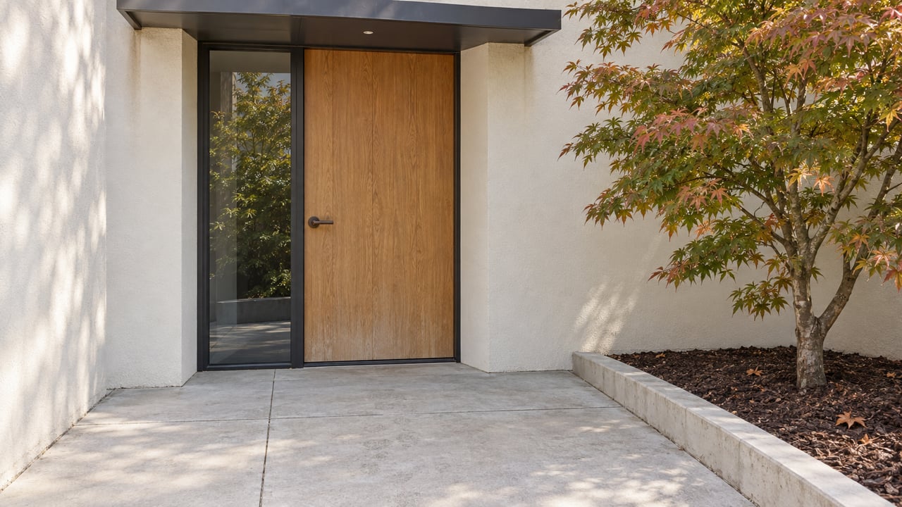 Recessed oak entry door and glazed sidelight beside a Japanese maple, with a concrete landing and raised planting-bed curb.