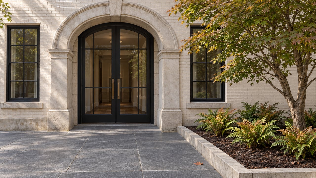 Pale brick residential entrance with a limestone arch, black-framed glass doors, granite paving, and a Japanese maple in a raised planting bed.
