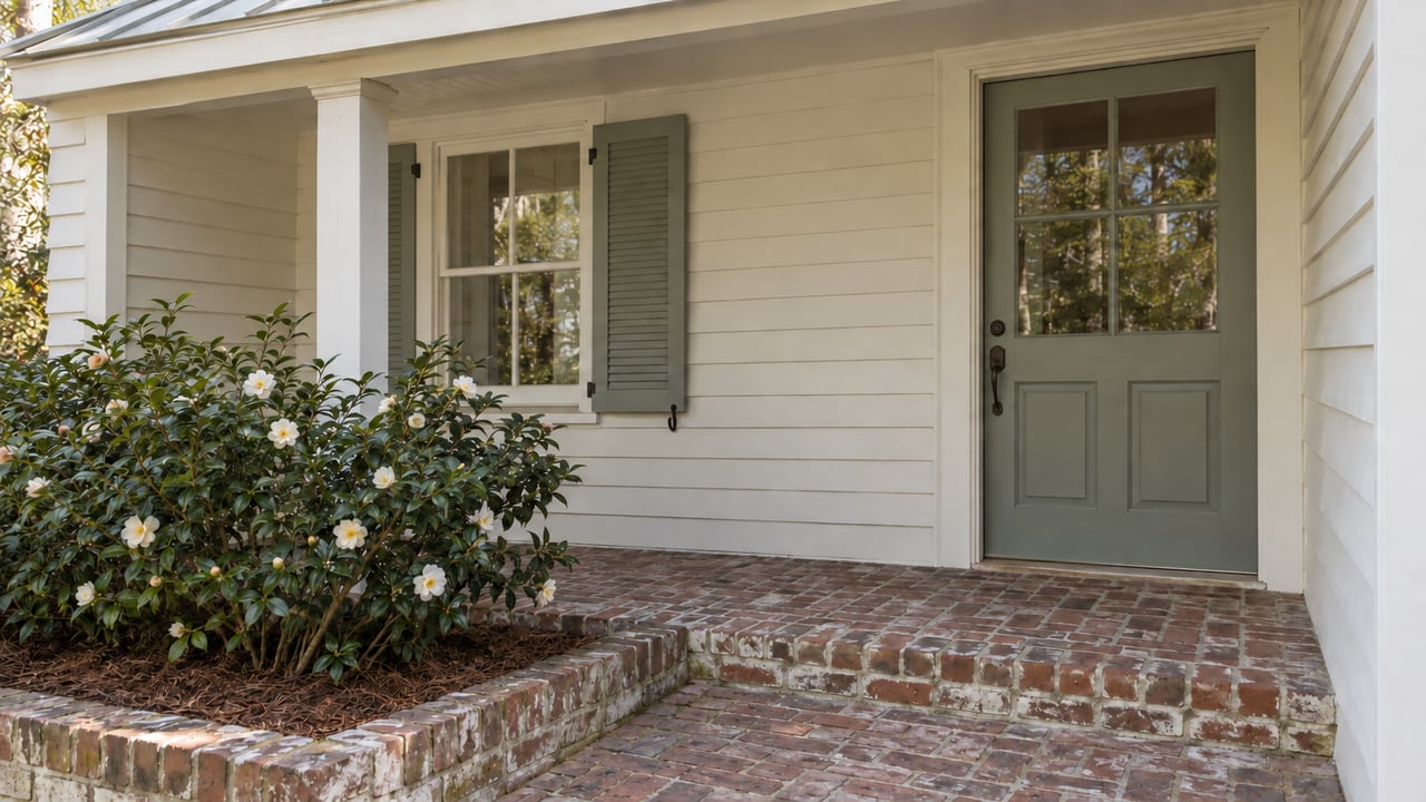 Porch window with paired muted-sage louvered shutters beside a painted post and brick-edged camellia bed.